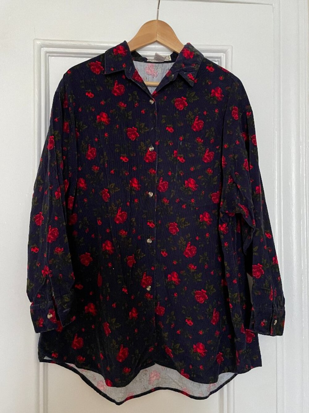 Vintage The Limited Floral Corduroy Oversized Shirt — Navy & Red Roses